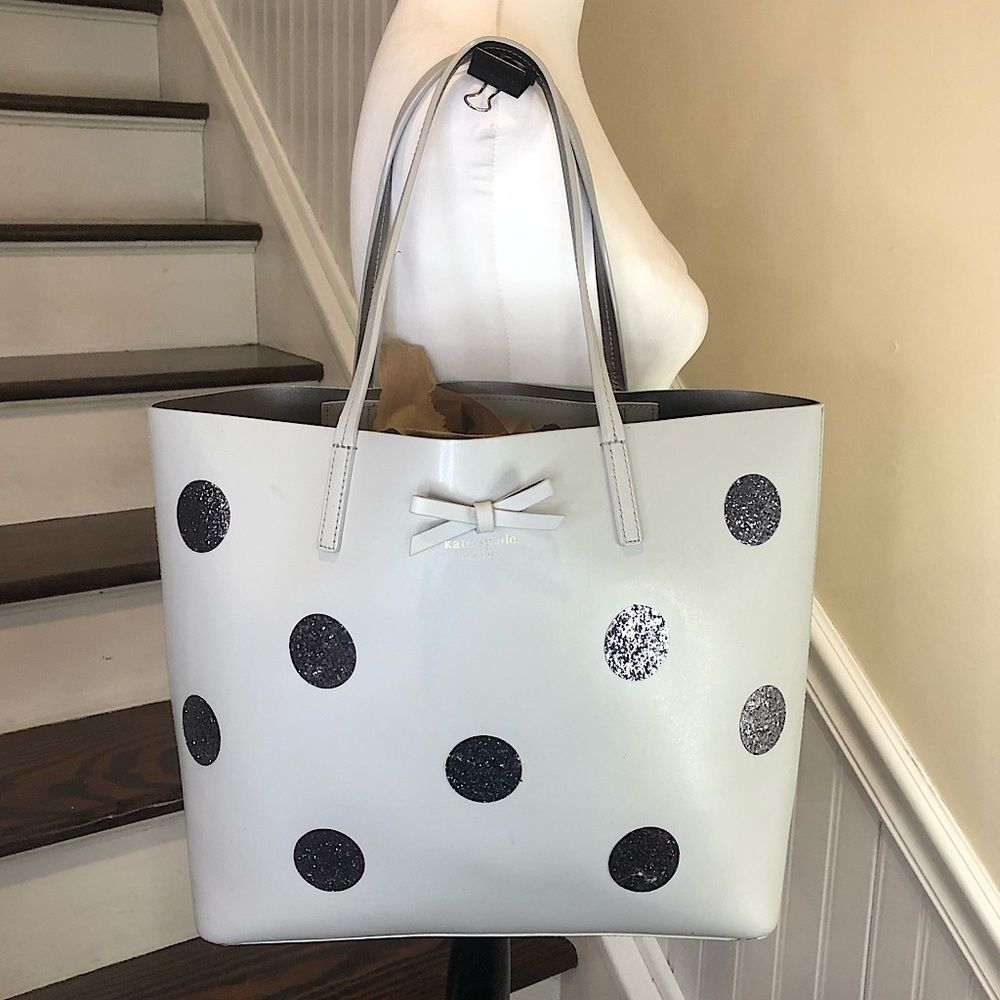 KATE SPADE Silver Glitter Polka Dot White Leather Tote Shoulder Bag Zip Pocket